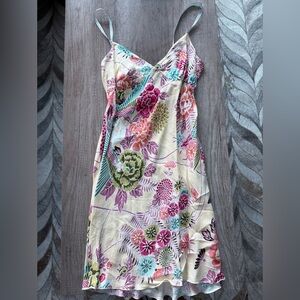 Wet Seal Cream Floral V-Neck Slip Dress with Pink and Green Accents